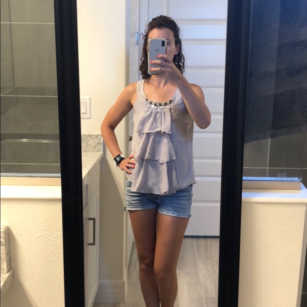 Xxsp grey LOFT jeweled top with ruffle down middle